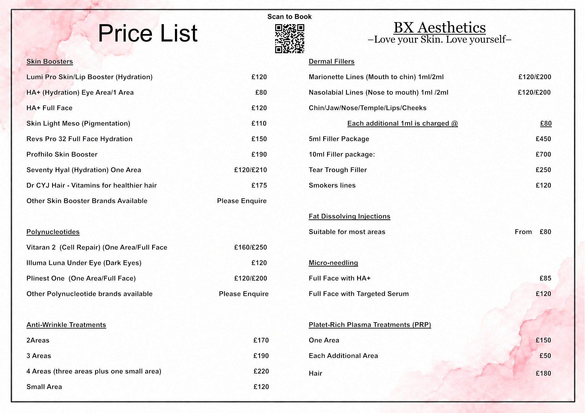 Price List Camberley Aesthetics, Book a FREE consultation BX Aesthetics Frimley -  Current Prices 2025