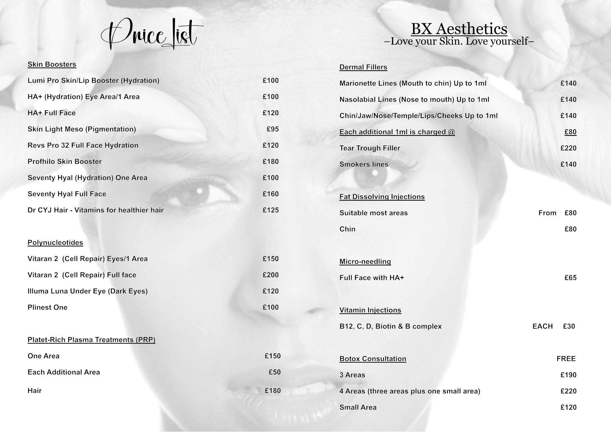 Price List Camberley Aesthetics, Book a FREE consultation BX Aesthetics Frimley -  Current Prices 2025